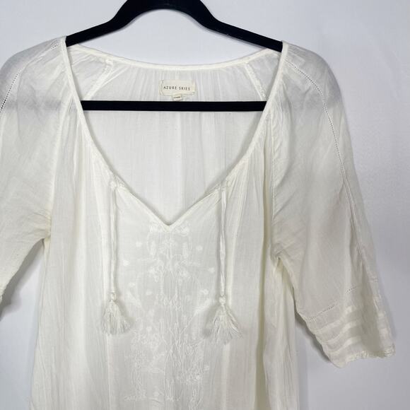 Azure Skies Cream XXS Drop Waist Embroidered Dress Tassel VNeck Short Sleeve - Picture 3 of 11